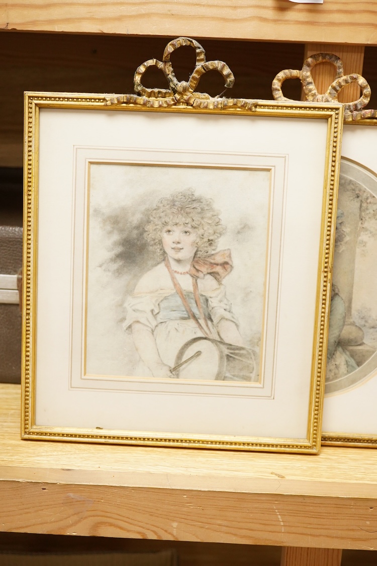Manner of Sir Thomas Lawrence (1769-1830), A group of three portraits of young ladies, watercolours, in ribbon-tied frames, 17 x 14cm
